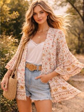 Umgee Boho Floral Kimono Cardigan Bell Sleeve S/M